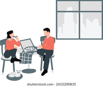 "A couple sits joyfully at a cozy pizzeria, sharing a delicious pizza topped with cheese and pepperoni. They smile warmly at each other amidst the lively ambiance of the restaurant."