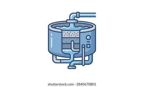 ['A cross section view of a blue industrial water filter tank showing internal sand and gravel filtration layers with inlet and outlet pipes']