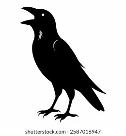 "A crow in silhouette, calling out with its beak open, black-and-white contrast."