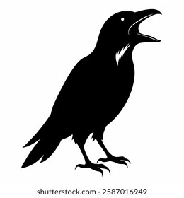 "A crow in silhouette, calling out with its beak open, black-and-white contrast."