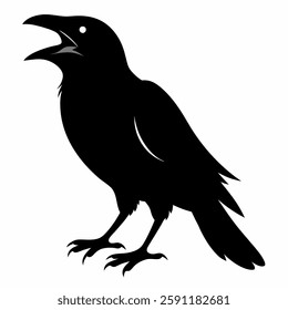 "A crow in silhouette, calling out with its beak open, black-and-white contrast."