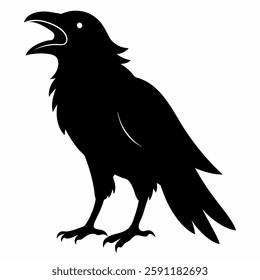 "A crow in silhouette, calling out with its beak open, black-and-white contrast."