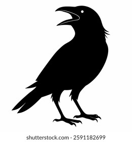 "A crow in silhouette, calling out with its beak open, black-and-white contrast."