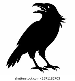 "A crow in silhouette, calling out with its beak open, black-and-white contrast."