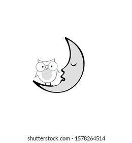 a. Cute cartoon owl sitting on a round dormant crescent moon, t-shirt graphics, posters, party concept, textile graphic, cute illustration for apparel or other uses