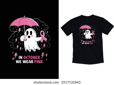 "A cute Ghost cartoonHalloween for Breast Cancer Awareness Month" typography grunge Vector Eye catching Halloween t-shirt ready for prints posters, banner, mug