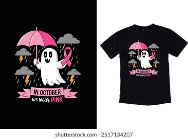 "A cute Ghost cartoonHalloween for Breast Cancer Awareness Month" typography grunge Vector Eye catching Halloween t-shirt ready for prints posters, banner, mug