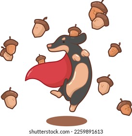 "A cute Teckel dressed like a superhero with his acorn friends" Vector illustration, nice design for logo, patch, stickers, icon, illustration for note book, agenda, children's 