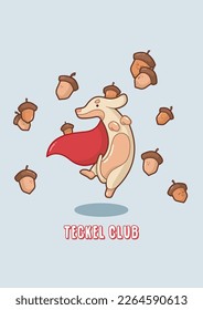 "A cute Teckel dressed like a superhero with his acorn friends" Vector illustration, nice design for logo, patch, stickers, icon, illustration for note book, agenda, children's 