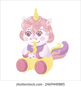 "A cute unicorn is sitting and holding the number three."