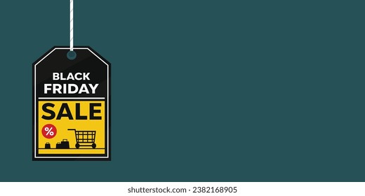 "A dark green background image with a Black Friday sale theme, providing space for text, a shopping cart, discount sign, and a shopping bag. Perfect for Black Friday sales."