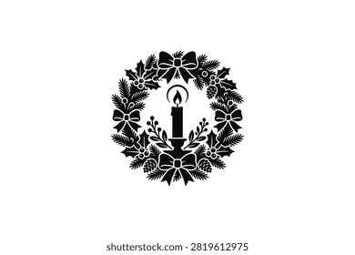 ['A decorative Christmas wreath design featuring a central lit candle surrounded by holly leaves, pine branches, berries, and elegant bows in a silhouette style']