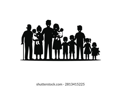 ['A detailed black silhouette of a large family including grandparents parents and children standing in a row against a plain white background']