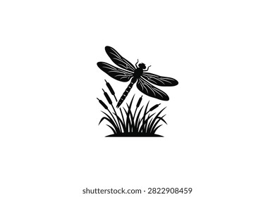 ['A detailed black vector illustration of a dragonfly with spread wings resting on a cluster of reeds and grass blades against a plain white background']