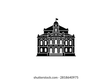 ['A detailed black and white vector icon of a historic courthouse or capitol building featuring columns, arched windows, a central dome, and a flag on top']