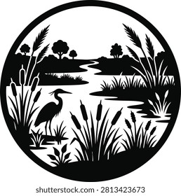 ['A detailed circular graphic featuring a heron bird standing among cattails and reeds in a serene river landscape with trees in the background']