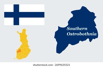 "Uma ilustração vetorial detalhada com o mapa completo da Finlândia com a bandeira nacional, destacando especificamente a região da Ostrobótnia do Sul na Finlândia ocidental.