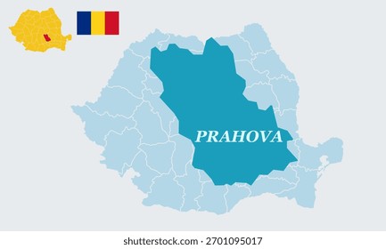 "A detailed vector illustration featuring the complete map of Romania with the national flag, specifically highlighting the Prahova county in southern Romania
