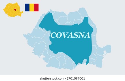 "Uma ilustração vetorial detalhada com o mapa completo da Romênia com a bandeira nacional, destacando especificamente o condado de Covasna no centro da Romênia