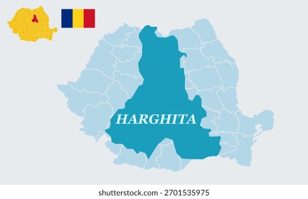 "Uma ilustração vetorial detalhada com o mapa completo da Romênia com a bandeira nacional, destacando especificamente o condado de Harghita no centro da Romênia.