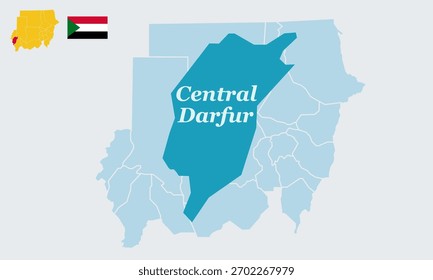 
"Una Ilustración vectorial detallada que presenta el mapa completo de Sudán con la bandera nacional, destacando específicamente el estado de Darfur Central en el oeste de Sudán. 