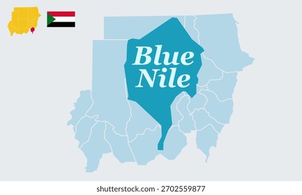 "A detailed vector illustration featuring the complete map of Sudan with the national flag, specifically highlighting the Blue Nile state in southeastern Sudan.