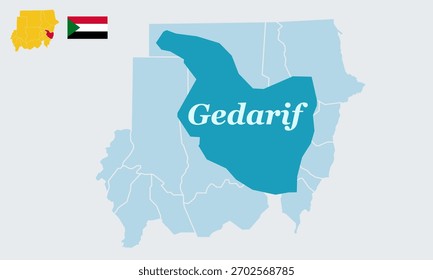 "A detailed vector illustration featuring the complete map of Sudan with the national flag, specifically highlighting the Gedaref state in eastern Sudan.