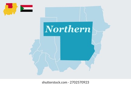 "Uma ilustração vetorial detalhada com o mapa completo do Sudão com a bandeira nacional, destacando especificamente o Estado do Norte no norte do Sudão.