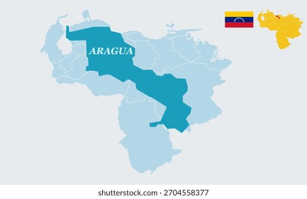 "A detailed vector illustration featuring the complete map of Venezuela with the national flag, specifically highlighting Aragua state in northern Venezuela.