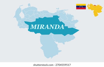 "Uma ilustração vetorial detalhada com o mapa completo da Venezuela com a bandeira nacional, destacando especificamente o estado de Miranda no norte da Venezuela.