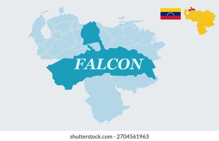 "Eine detaillierte Vektorgrafik mit der vollständigen Karte Venezuelas mit der Nationalflagge, die speziell den Staat Falcón im Nordwesten Venezuelas hervorhebt