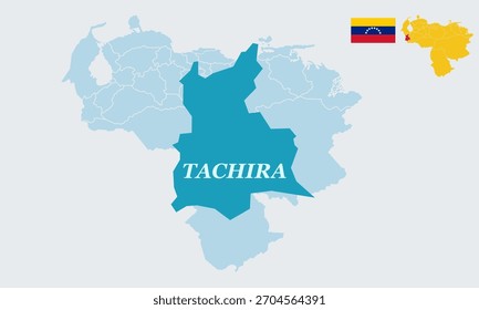 "A detailed vector illustration featuring the complete map of Venezuela with the national flag, specifically highlighting Táchira state in western Venezuela