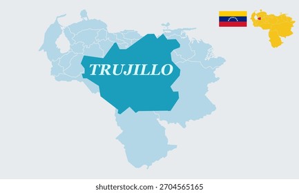 "Una Ilustración vectorial detallada que presenta el mapa completo de Venezuela con la bandera nacional, destacando específicamente el estado de Trujillo en el oeste de Venezuela