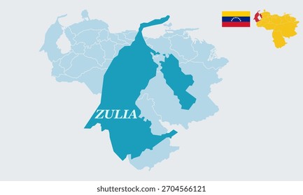 "Una Ilustración vectorial detallada que presenta el mapa completo de Venezuela con la bandera nacional, destacando específicamente el estado Zulia en el noroeste de Venezuela.