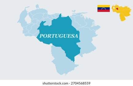 
"Una Ilustración vectorial detallada que presenta el mapa completo de Venezuela con la bandera nacional, destacando específicamente el estado portugués en el oeste de Venezuela.