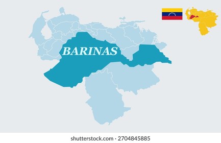 "Eine detaillierte Vektorgrafik mit der vollständigen Karte Venezuelas mit der Nationalflagge, die speziell den Barinas-Staat im Westen Venezuelas hervorhebt