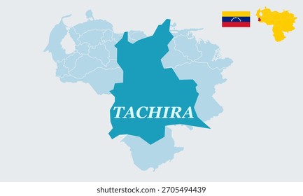 "Uma ilustração vetorial detalhada com o mapa completo da Venezuela com a bandeira nacional, destacando especificamente o estado andino de Táchira no oeste da Venezuela