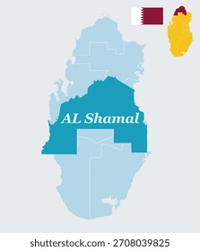 "Eine detaillierte Vektorgrafik mit Al Shamal, der nördlichsten Gemeinde Katars, die auf einer nationalen Karte mit der ikonischen maroonischen und weißen Flagge Katars angezeigt wird.
