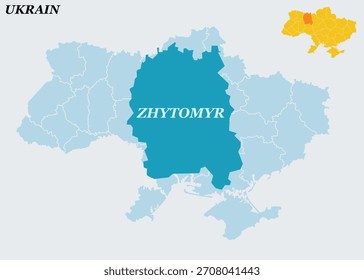 "Una Ilustración vectorial detallada con la ciudad de Zhytomyr en un mapa de Ucrania, acompañada de la bandera nacional azul y amarilla