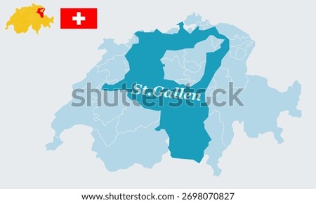 "A detailed vector illustration featuring the complete map of Switzerland with the national flag, specifically highlighting the St. Gallen canton in northeastern Switzerland. 