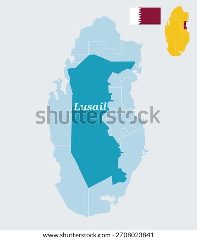 "A detailed vector illustration showcasing the planned city of Lusail on a map of Qatar, accompanied by the national maroon and white flag. 