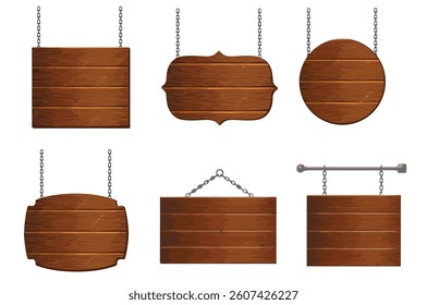 "A detailed vector set of hanging and standing wooden signboards, perfect for branding, advertising, posters, game UI, websites, and rustic-themed projects. These wooden elements are designed to be us