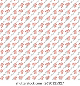 .A diagonal seamless floral pattern featuring red stylized flowers and green accents on a white background. Perfect for textiles, packaging, and web design requiring a simple yet elegant look.