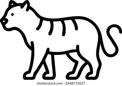 "Um contorno preto dinâmico ilustração de um tigre em uma posição de perseguição ou pancada. O design usa linhas limpas e negras e padrões de listras distintivos para capturar a essência da força do tigre e