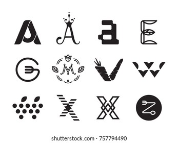 A, E, G, M, V, W, X, Z logo symbol illustration. Vector Set of letter template elements. Alphabet label sign for branding and identity. Unique company and business type character design