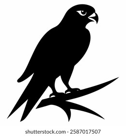 "A falcon in silhouette, perched with sharp talons gripping a branch."