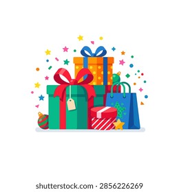 ['A festive stack of wrapped presents including a large green box with a red bow, an orange box with a blue ribbon, a small striped cylinder, and a blue shopping bag surrounded by confetti and orname.