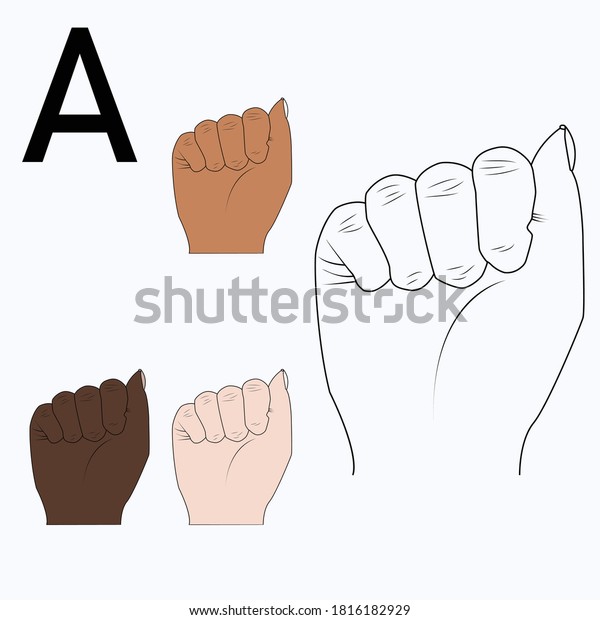 A は 手話でのアルファベットの最初の文字 英語です 白黒の手描きと肌の色 ベクターイラスト のベクター画像素材 ロイヤリティフリー