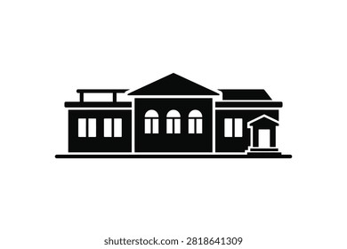 ['A flat black graphic icon depicting a symmetrical building with arched windows and a small entrance portico on a white background']