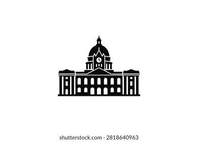 ['A flat black vector graphic of a neoclassical capitol building featuring a central clock tower dome and symmetrical columned wings on a plain white background']
